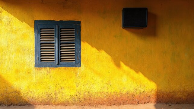 Sunlit Yellow Wall with Blue Shutters - Powered by Adobe