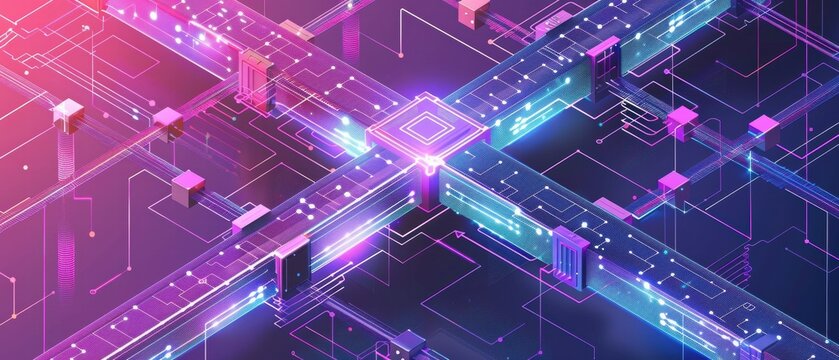 Abstract multi-network bridge visualization parallel systems connected by secure protocols minimal tech design with vibrant neon lines.