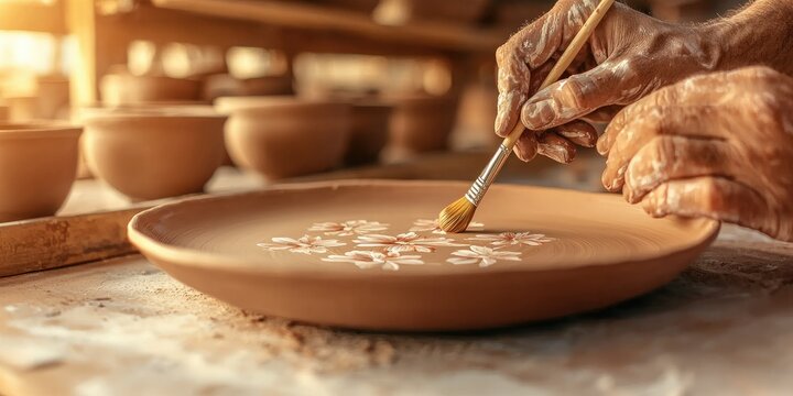 A craftsman decorates a clay plate with a brush in a sunlit pottery studio, showcasing the art of ceramics and skilled craftsmanship.