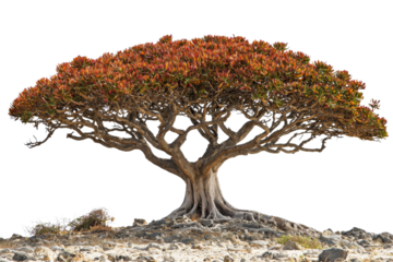 Majestic Dragon Blood Tree with Unique Canopy Isolated on Desert Landscape