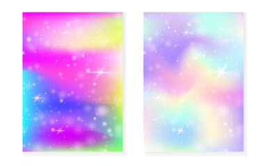 Fototapeta premium Unicorn background with kawaii magic gradient. Princess rainbow hologram.