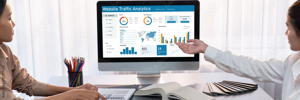 Poster computer software for website traffic analytics data on computer screen. concept of seo search engin