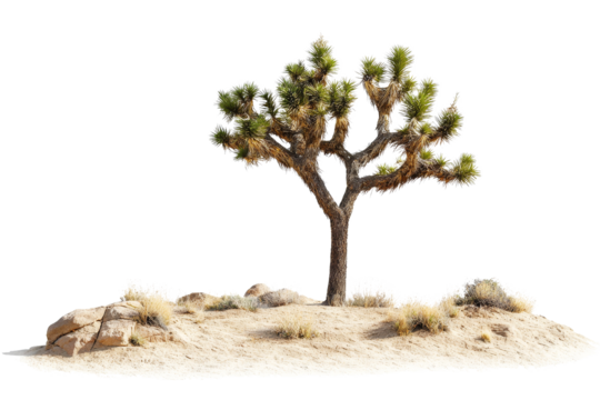 Isolated Joshua Tree on Desert Landscape with Rocks and Dry Grasses
