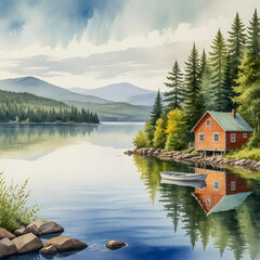 Fototapeta premium watercolor illustration of Rangeley, Maine, with the crystal-clear waters of Rangeley Lake surrounded by mountains