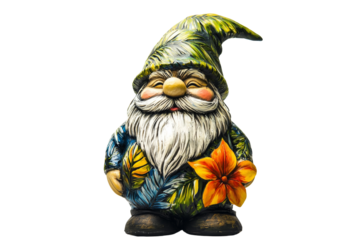 Colorful garden gnome statue with flower and tropical leaves design