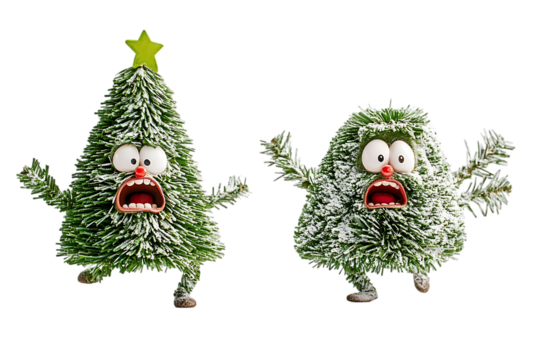 Two cartoon Christmas trees with wide-eyed expressions