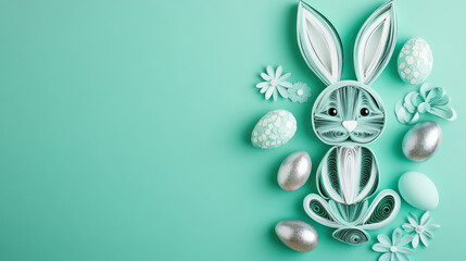 Obraz premium Seafoam green background, Easter Bunny paper quilling art with metallic egg accents, copy space bottom third