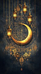 Naklejka premium Golden Moon And Lanterns Against A Starry Night Sky with Ornate Decorative Patterns