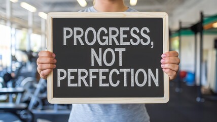 Person holding chalkboard with text "progress, not perfection" in gym