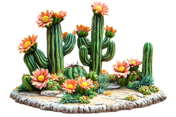 Colorful Desert Scene with Cacti and Blooms in Vibrant Natural Setting