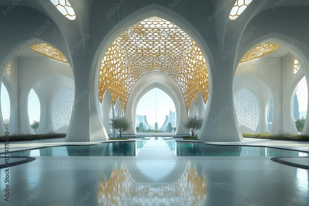 Aufkleber Breathtaking interior of a modern architectural marvel with intricate patterns and illuminated golden structures in the design