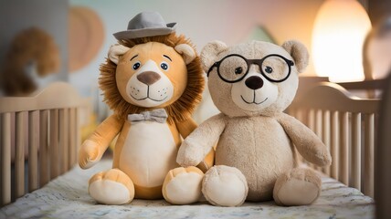 Plush lion with hat and bear with glasses sitting on crib