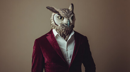 A refined owl-headed figure, dressed in a deep burgundy velvet blazer with a classic white dress shirt, posed against a warm taupe background