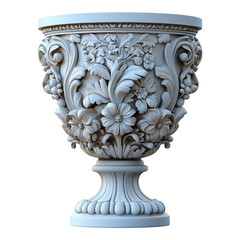 A white sculpted stone vase with intricate floral details, emphasizing the relief and classical designs.