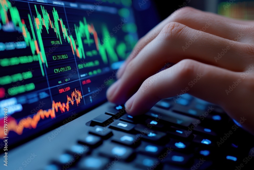 Aufkleber Person typing on a laptop with colorful graphs and data visible in a modern workspace during the day