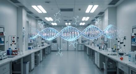 Obraz premium DNA Helix: Serene Laboratory Interior with Glowing Strand