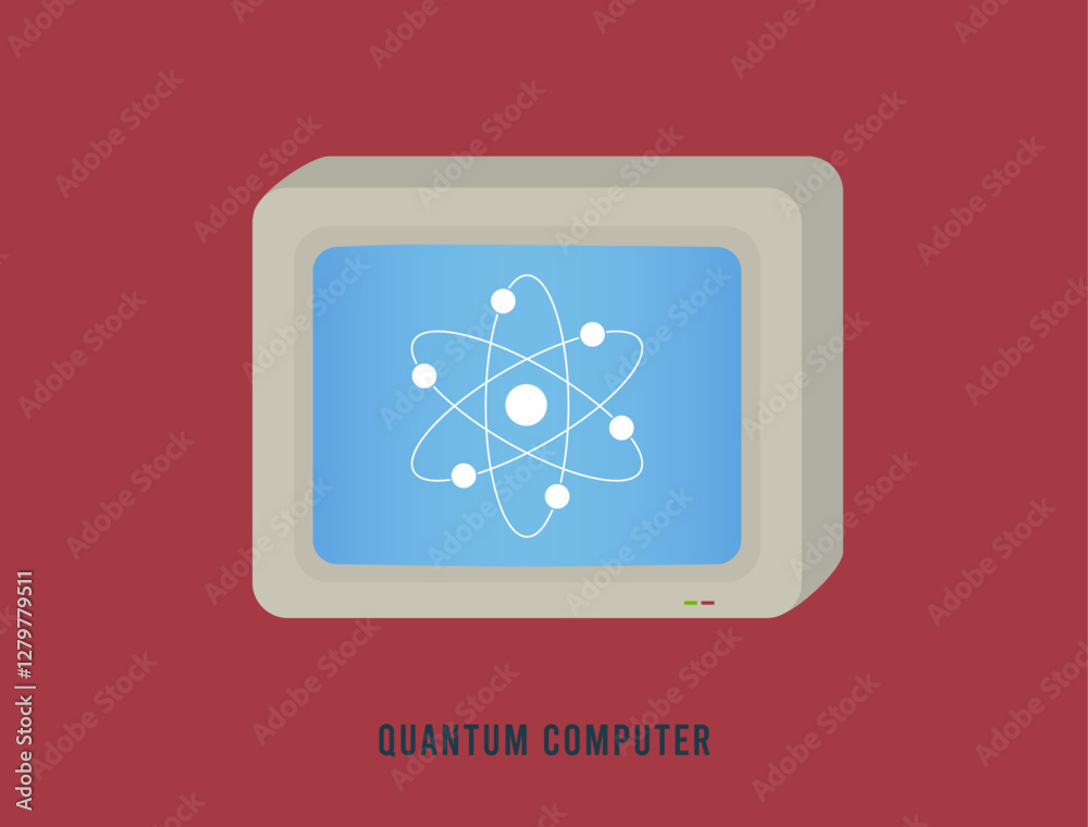 Poster quantum computer illustration with retro monitor displaying atom symbol. concept of quantum computin