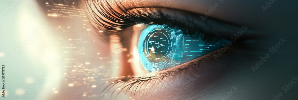Poster Close up of a woman's eye with a futuristic digital interface, suggesting enhanced vision and advanced data analysis capabilities in a technological and innovative context