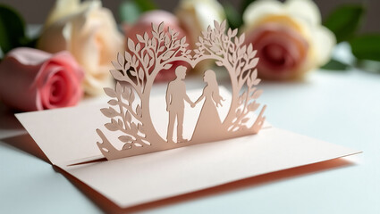 Naklejka premium Elegant Interactive Pop-Up Wedding Card – A refined wedding invitation card with a pop-up design showcasing delicate paper cut-outs and romantic motifs.