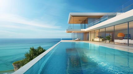 Fototapeta premium Modern luxury villa with an infinity pool overlooking the ocean.