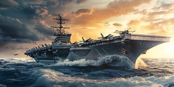 Military aircraft carrier with fighter jets in the sea at sunset