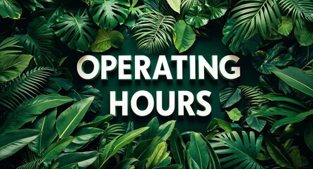operating hours lettering on jungle leaves background