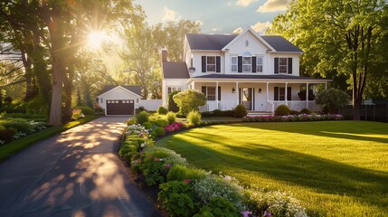 Beautiful suburban home with lush green lawn surrounded by blooming flowers, illuminated by golden sunlight.