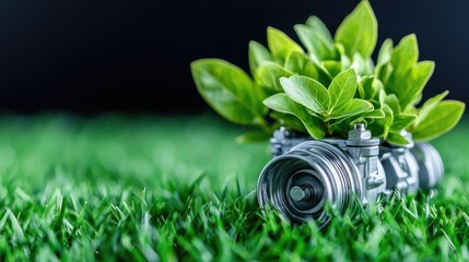 Green shoots sprout from a metal camera in grass