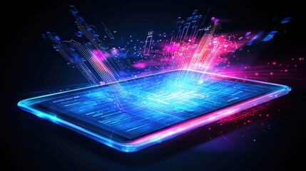Futuristic tablet displaying vibrant data visualization with dynamic digital elements emerging