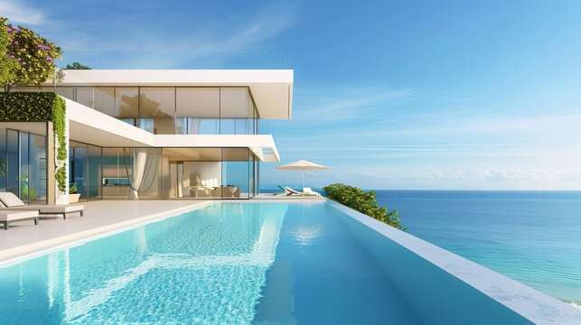 Modern luxury villa with infinity pool overlooking the ocean on a sunny day.