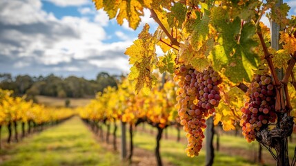 Vibrant vineyard scene showcasing ripe grapes amidst golden autumn leaves under a cloudy sky