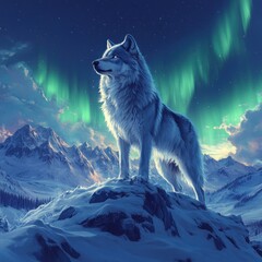Majestic wolf standing on a snow-covered mountain peak under the aurora borealis.