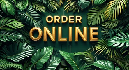 order online lettering on jungle leaves background