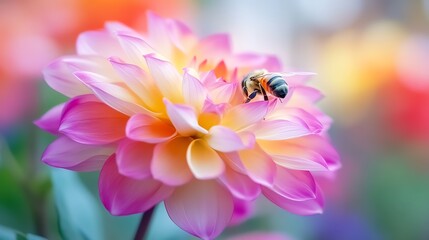 A vibrant dahlia flower with a bee collecting nectar in a colorful garden.