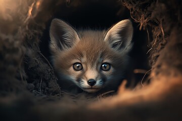 A curious young fox peeks out from its cozy den, capturing the essence of wilderness and youthful exploration.