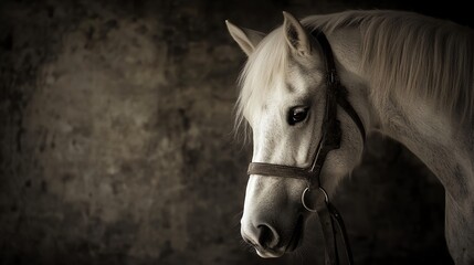Obraz premium A majestic white horse with a gentle gaze, showcasing beauty and elegance against a textured dark background.