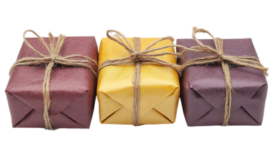 Three wrapped gifts on black background.  Possible use E-commerce product display,  gift wrapping inspiration