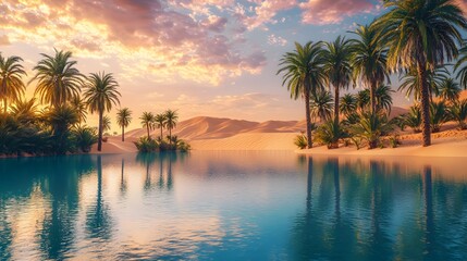 Tranquil oasis at sunset desert landscape photography serene environment wide angle view nature's beauty unveiled