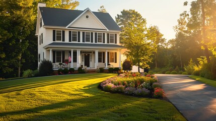 Naklejka premium A charming white house with black shutters in a lush green setting, illuminated by warm evening sunlight.