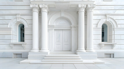 Obraz premium White marble building entrance, neoclassical columns, sunny day, architectural detail, design