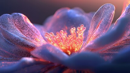 Close-up of glowing morning dew on the petals of a blooming flower, cinematic vibrant natural detail