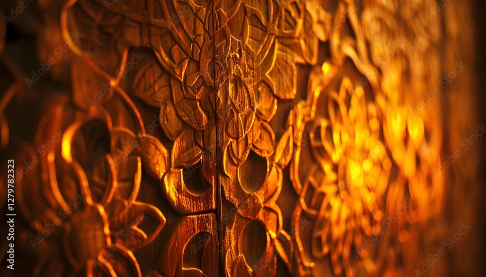 Poster close-up of glowing intricate patterns carved into a wooden door, illuminated by warm ambient light,