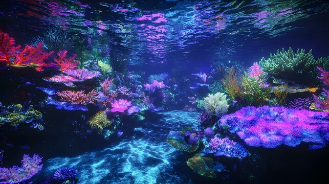 Wide-angle shot of glowing coral reefs beneath clear water, illuminated by cinematic underwater light