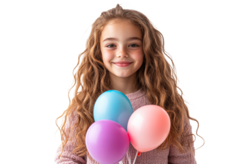Girl holds colorful balloons with a bright smile