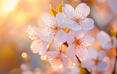Beautiful cherry blossoms with water droplets in soft golden sunlight during spring season