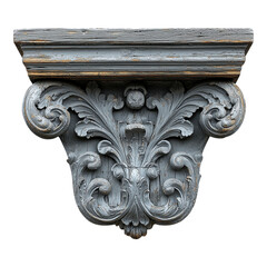 A weathered gray painted wooden corbel with intricate floral patterns on black.