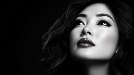 Close-up of a young Asian woman looking up, her dark hair cascading around her. Black and white portrait with dramatic lighting. © Raul