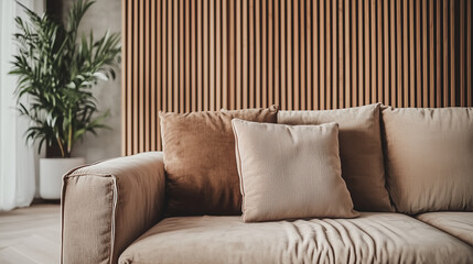 Cozy Sofa with Warm Tones and Textured Wall