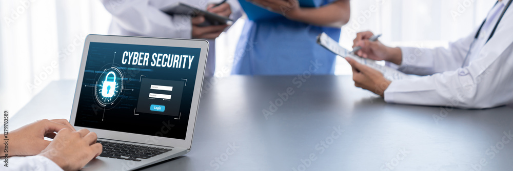 Poster cyber security system on computer screen protect private information brisk from hacker and cyber att