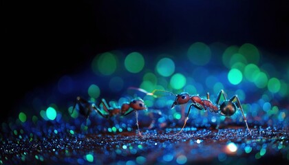 Ants exploring a shimmering surface with a colorful bokeh background